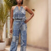 Elegant Blue Bohemian Print Halter Jumpsuit