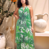 Tropical Green Leaf Print Maxi Dress