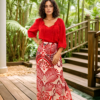 Tropical Elegance: Red Boho Top & Maxi Skirt Set